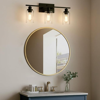 MELUCEE Bathroom Vanity Light Fixtures 3 Lights Black with Clear Glass | Metal Wall Sconce for Bedroom Living Room Hallway Kitchen (Patent No.: US D963914 S) 20.5 Inch