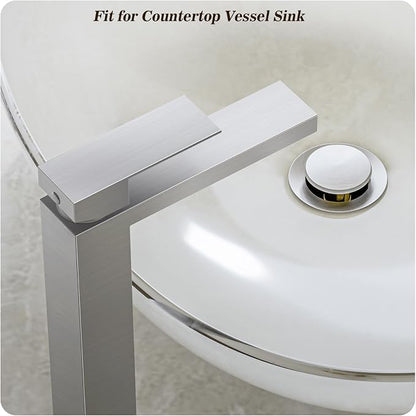 Brushed Nickel Tall Bathroom Faucet for Vessel Sink Single Hole Single Handle Vessel Sink Faucet Vanity Bathroom Faucet Above countertop Sink with Water Supply Hose,BF3530P-BN-V