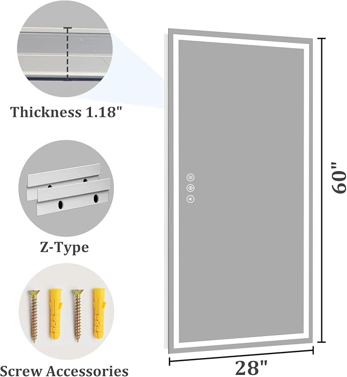 Koonmi 60x28 LED Bathroom Mirror with Light, Anti-Fog, 3 Colors | Backlit + Front Lit, Dimmable Brightness, Shatterproof HD Distortion-Free Tempered Glass, Hardware Included