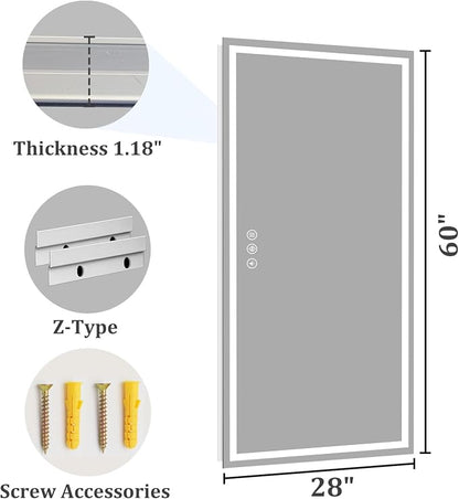 Koonmi 60x28 LED Bathroom Mirror with Light, Anti-Fog, 3 Colors | Backlit + Front Lit, Dimmable Brightness, Shatterproof HD Distortion-Free Tempered Glass, Hardware Included