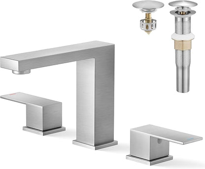 KES Brushed Nickel Bathroom Faucet 3 Hole, Includes All Metal Bathroom Sink Drain Without Overflow, 8 Inch Widespread Bathroom Sink Faucet, Vanity Faucet with cUPC Supply Line, L4350LFF12-BS-C2