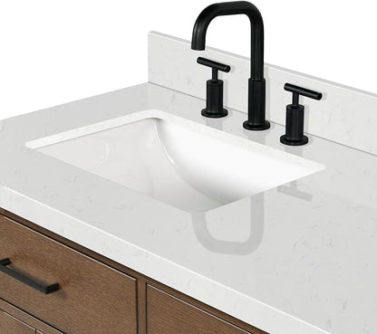 Isabella 66-Inch Brown Oak Double Bathroom Vanity with Sink, 1.5-Inch Edge Carrara White Quartz Countertop & 4" Backsplash, Soft-Closing Doors & Drawers, Solid Oak Wood Construction