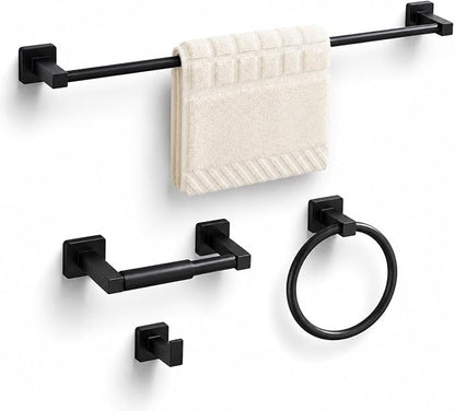 Matte Black Bathroom Hardware Set 4 Pieces,Bathroom Accessories Set Stainless Steel Wall Mounted, Hand Towel Bar, Towel Ring, Robe Towel Hooks,Toilet Paper Holder,Towel Bar Set, 23.6 Inch
