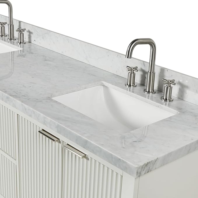 ARIEL Milan 72-inch Bathroom Vanity with Sink,Solid Wood, 1.5-inch Italian Carrara Marble Countertop, Double Rectangular Porcelain Sink, 4 Soft Closing Doors, 3 Dovetail Drawers, Warm White