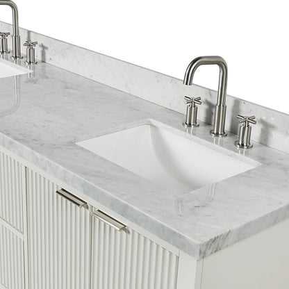 ARIEL Milan 72-inch Bathroom Vanity with Sink,Solid Wood, 1.5-inch Italian Carrara Marble Countertop, Double Rectangular Porcelain Sink, 4 Soft Closing Doors, 3 Dovetail Drawers, Warm White