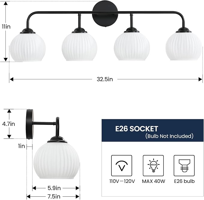 RUIYEY Bathroom Vanity Light Fixtures: 4-Light Matte Black Bathroom Lighting Fixtures Over Mirrors, Farmhouse Rustic Wall Sconce with Milky White Glass for Bath Living Room Cabinet