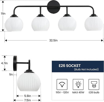 RUIYEY Bathroom Vanity Light Fixtures: 4-Light Matte Black Bathroom Lighting Fixtures Over Mirrors, Farmhouse Rustic Wall Sconce with Milky White Glass for Bath Living Room Cabinet