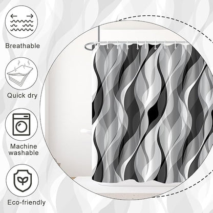 Grey Shower Curtain, Modern Abstract Black and Grey Striped Shower Curtain Set for Bathroom Waterproof White Gray Shower Curtain with Hooks, 72x78 Inch