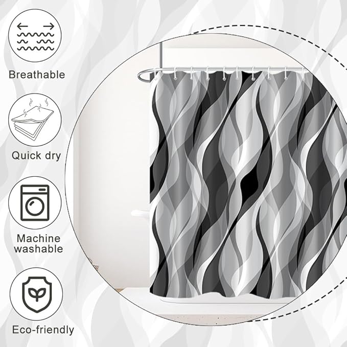 Grey Shower Curtain, Modern Abstract Black and Grey Striped Shower Curtain Set for Bathroom Waterproof White Gray Shower Curtain with Hooks, 72x96 Inch
