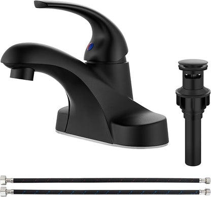 Aolemi Bathroom Faucets Arc 4 Inch Centerset Bathroom Sink Faucet Single Handle Vanity Faucet with Supply Lines,with Pop Up Drain Assembly,Matte Black