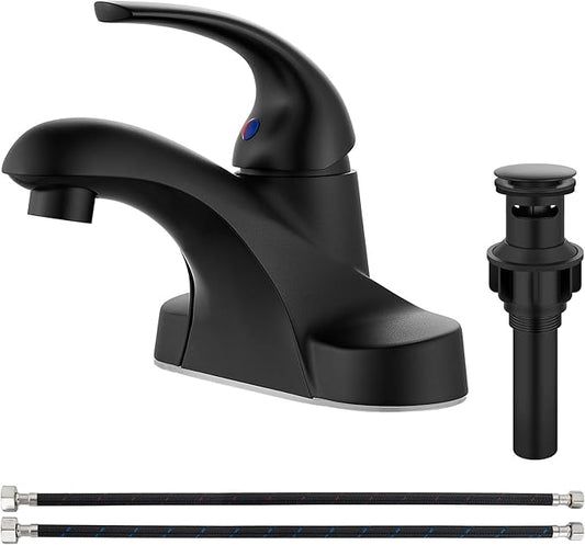 Aolemi Bathroom Faucets Arc 4 Inch Centerset Bathroom Sink Faucet Single Handle Vanity Faucet with Supply Lines,with Pop Up Drain Assembly,Matte Black