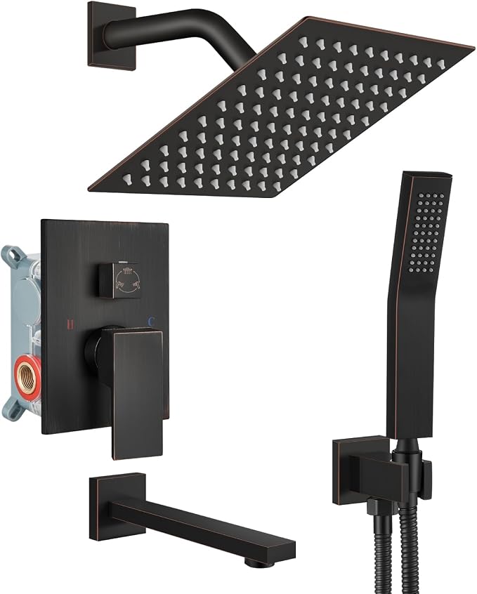 gotonovo Bathtub Shower Faucet Set, 8 Inch Shower Head, Oil Rubbed Bronze | Wall Mounted Shower System with Tub Spout for Bathroom, Square High Pressure Rain Shower head with Handheld Spray, All Metal