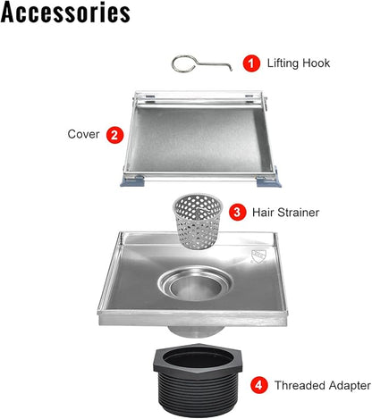 SaniteModar Shower Drain 6 inch Brushed with 2 in1 Tile Insert Cover | 304 Stainless Steel Brushed Square Shower Drain with Hair Catcher and Threaded Adapter
