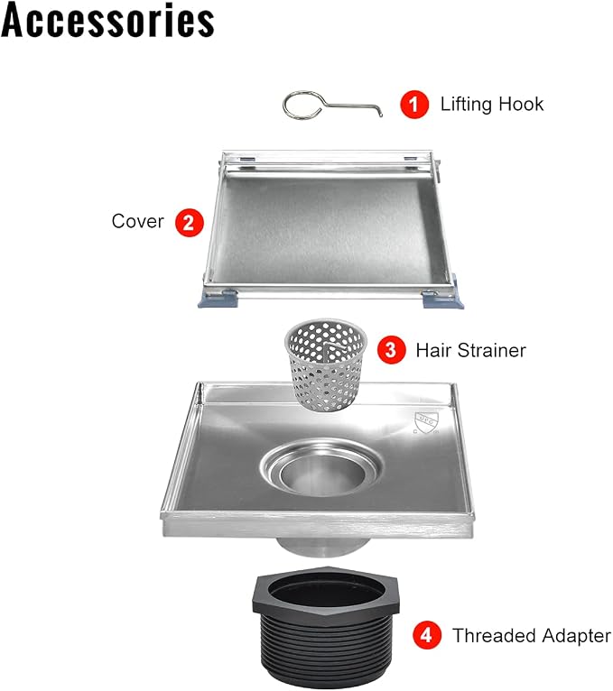 SaniteModar Shower Drain 4 inch Brushed with 2 in1 Tile Insert Cover | 304 Stainless Steel Brushed Square Shower Drain with Hair Catcher and Threaded Adapter