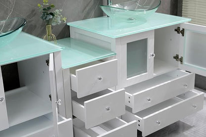 76" Freestanding Wooden Modern Bathroom Vanity with Double Vessel Sink Set Bathroom Mirror Included (Clear Sink White)
