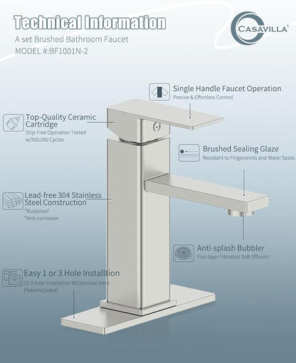 Bathroom Faucets, Bathroom Sink Faucet with Pop-up Sink Drain Stopper & Deck Plate 1 or 3 Hole, Single Handle Modern Farmhouse RV Faucet, Brushed Sealing Glaze