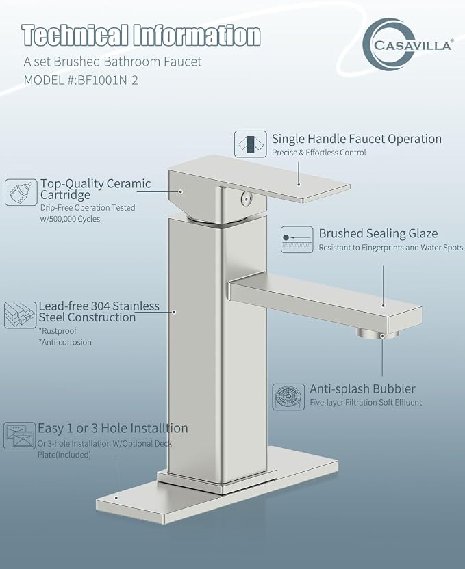 Bathroom Faucet-2 Sets, Brushed Bathroom Sink Faucets with Pop-up Drain and 6 Inch Deck Plate, Single Handle Modern Farmhouse RV Vanity Faucet for Vessel Sink (1~3 Holes)