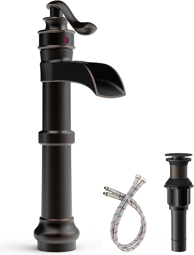 BWE Vessel Sink Faucet Waterfall Tall Oil Rubbed Bronze Bathroom Faucet | Single Hole One Handle Brass Countertop Lavatory Vanity Mixer Tap with Pop Up Drain and Supply Lines for RV Bar No Overflow