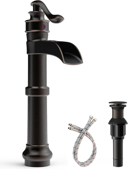 BWE Vessel Sink Faucet Waterfall Tall Oil Rubbed Bronze Bathroom Faucet | Single Hole One Handle Brass Countertop Lavatory Vanity Mixer Tap with Pop Up Drain and Supply Lines for RV Bar No Overflow