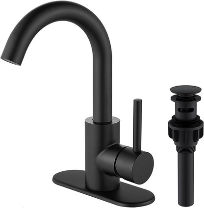 Comllen Matte Black Bar Faucets, Black Bathroom Faucet 1 Hole, 360° Swivel, Small Single Handle Bar Sink Faucet with Deck Plate for Bathroom Bar Kitchen RV Camper Outdoor Laundry Vanity Lavatory