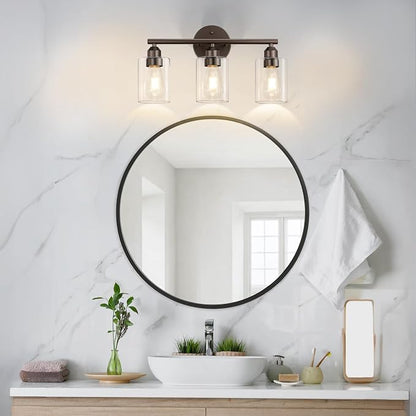 3-Light Bathroom Vanity Light, Clear Glass & Brown,17.3" | Modern Wall Lamp, For Mirror