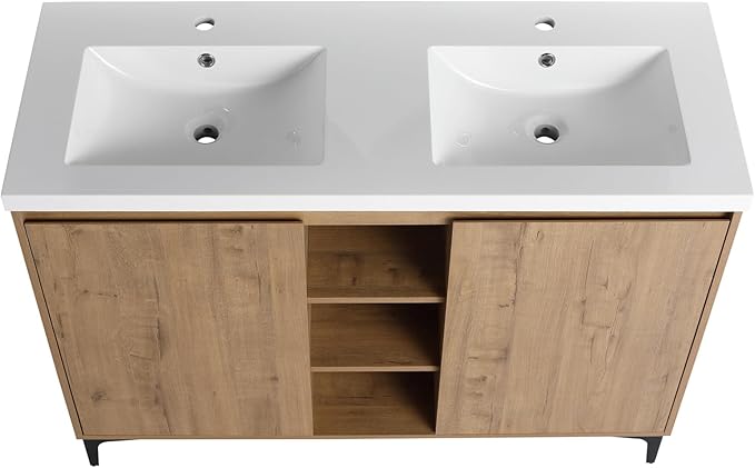 SSLine 48-Inch Bathroom Vanity with Double Sink Classic Floor Stand Bathroom Vanity with White Top Basin Double Sink Wood Bathroom Cabinet with Soft-Close Doors & Open Cubes (Imitative Oak)