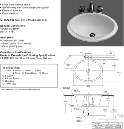 VitreousPro Oval 20"x16" Drop-In Bathroom Sink – White Self-Rimming, Front Overflow, ADA Compliant