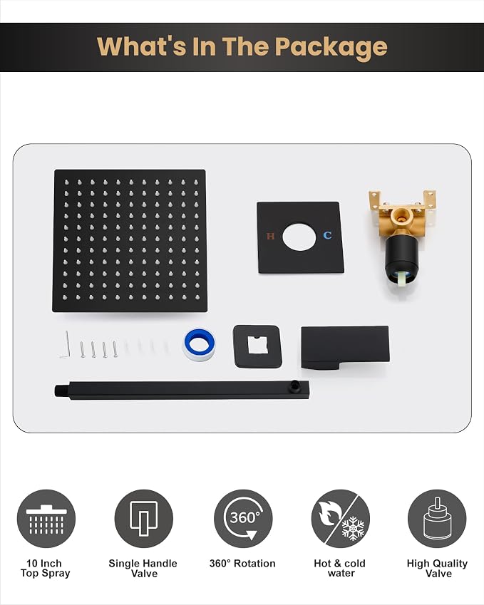 Airuida 10 Inch Matte Black Shower Faucet Set,Shower Valve Kit | Rainfall Shower Head and Handle Set,Female Thread Rough-in Valve Shower Kit,Single Function Shower System