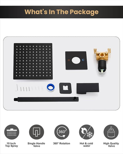 Airuida 10 Inch Matte Black Shower Faucet Set,Shower Valve Kit | Rainfall Shower Head and Handle Set,Female Thread Rough-in Valve Shower Kit,Single Function Shower System
