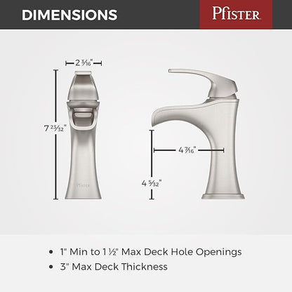 Pfister Jaida Bathroom Sink Faucet, Single Handle, Single Hole or 3-Hole, Spot Defense Brushed Nickel Finish, LF042JDGS
