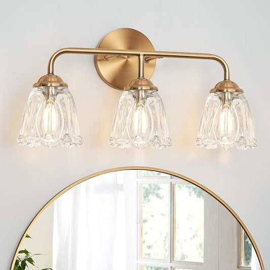 3-Light Bathroom Vanity Light Gold, Vintage Vanity Light Fixtures Over Mirror, Brass Bathroom Light with Flower Glass Shade, Art Deco Wall Sconce Lighting for Bedroom, Living Room