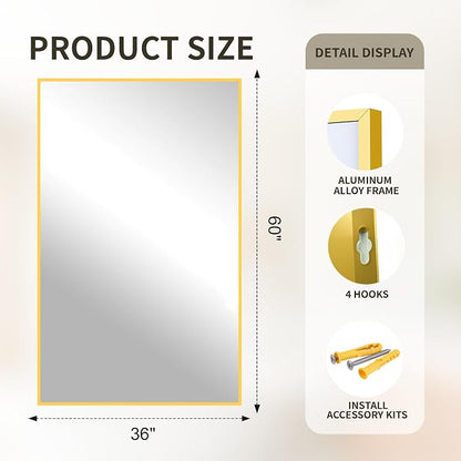 FICTOR Bathroom Vanity Mirror for Over Sink, 60" x 36", Gold | Anti-Rust Frame, Shatterproof Tempered Glass, Vertical/Horizontal Wall Mounted Mirror for Bedroom, Entryway, Living Room