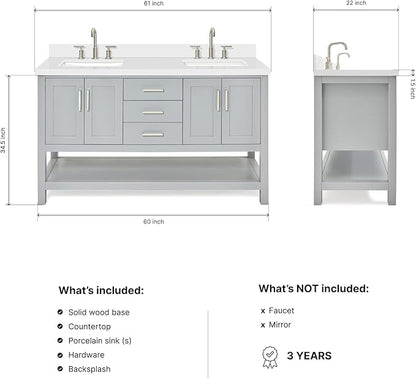 DKB Olivia 60" Grey Double Bathroom Vanity, 1.5" Edge Pure White Quartz Countertop, Rectangular Undermount Sinks, 4 Soft Closing Doors, 3 Full Extension Dovetail Drawers, Open Shelf