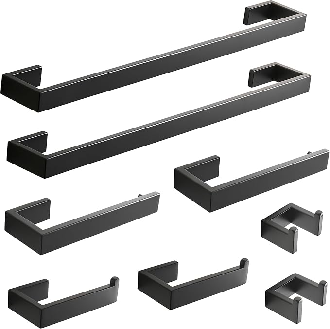Fapully 8 Piece Bathroom Hardware Accessories Set Matte Black | Stainless Steel, Wall Mounted,24'' Towel Bar