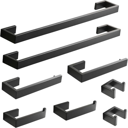 Fapully 8 Piece Bathroom Hardware Accessories Set Matte Black | Stainless Steel, Wall Mounted,24'' Towel Bar