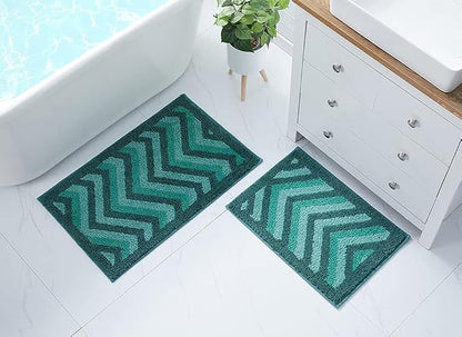 Hearth & Harbor Bathroom Rugs, Shaggy Plush Bath Mat, Ultra Soft Non Slip Backing Rubber, Chevron Design Bath Rug, Green, 2 Piece Set