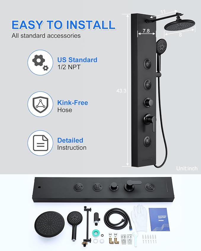 Rainfall Shower Panel Tower - 5 in 1 Full Body Shower, Matte Black | Stainless Steel Shower Column with 2 Powerful Body Jets, Handheld and Tub Spout, Brass Valves, Adjustable Shower Head