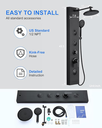 Rainfall Shower Panel Tower - 5 in 1 Full Body Shower, Matte Black | Stainless Steel Shower Column with 2 Powerful Body Jets, Handheld and Tub Spout, Brass Valves, Adjustable Shower Head
