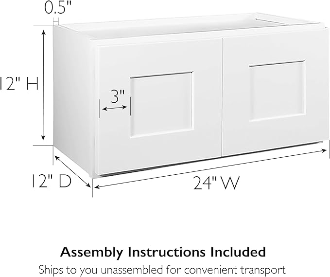 Design House Brookings Shaker Unassembled Bridge Wall Kitchen Cabinet W2412, 24 W x 12 D x 12 H, Painted White with Sherwin Williams®, Solid Wood – Design House, 543264