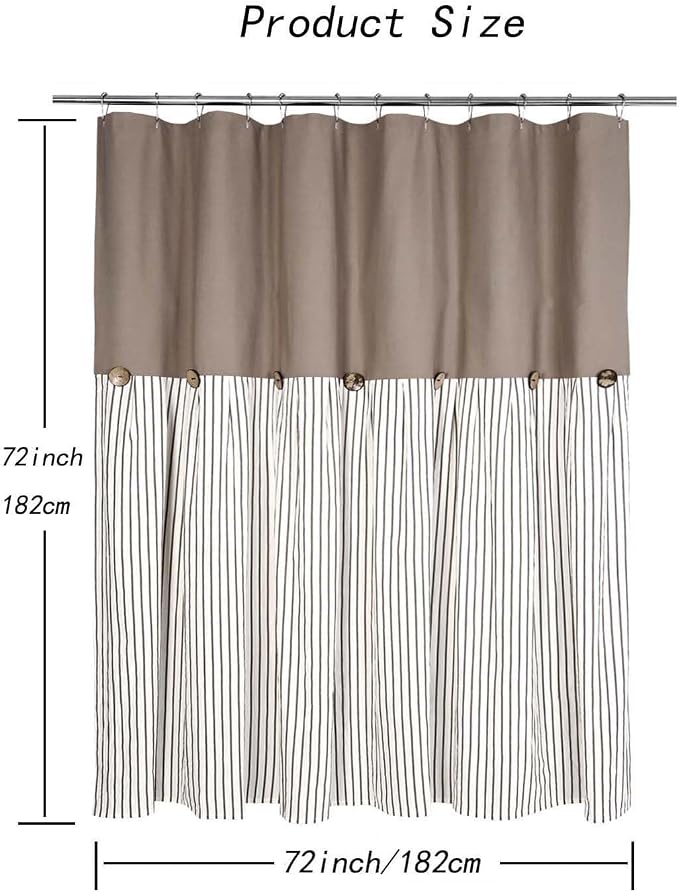 DOSLY Ides Farmhouse Taupe Shower Curtain, Taupe and Brown Stripe, Button Curtain, Cotton Blend and Cotton Woven Fabric, Rustic Charm Country Chic Style, 72x72 in, Bathroom