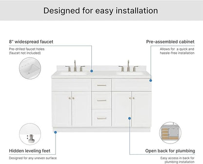 ARIEL Hamlet 60-inch Bathroom Vanity with Sink,Solid Wood, 1.5-inch Carrara White Quartz Countertop & Backsplash, Double Rectangular Porcelain Sink, 4 Soft Closing Doors, 3 Dovetail Drawers, White