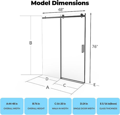 GarveeLife Frameless Glass Shower Door 44-48”W×76”H, Sliding Shower Door with Square Stainless Steel Rail, 8mm Tempered Glass, Matte Black Bathroom Door