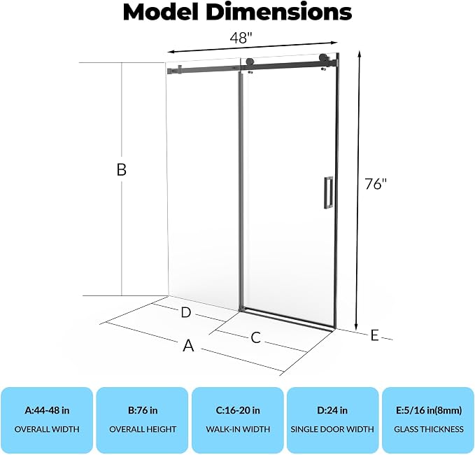 44-48" W x 76" H Frameless Sliding Shower Door, 1/4" (6mm) SGCC Tempered Glass with Easy-Clean Coating & Explosion-Proof Film, Matte Black Round Rail, Single Sliding Bypass Bathroom Door
