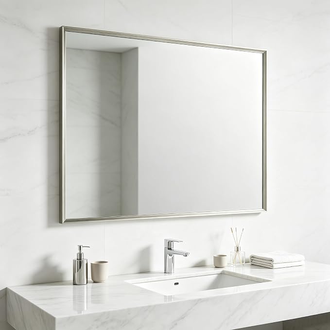 Bathroom Mirror for Wall, 40x30 Inch Framed Vanity Mirror Brushed Nickel | Rectanglar Metal Beveled Framed Mirror for Over Sink, Tempered Glass, Anti-Rust, Hangs Horizontally or Vertically