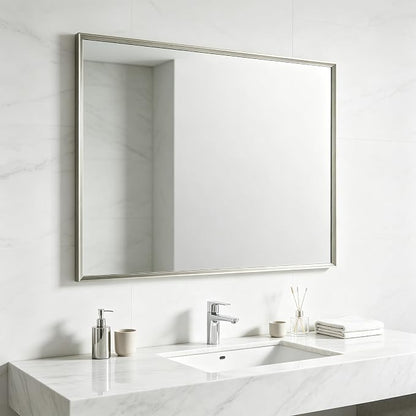 Bathroom Mirror for Wall, 40x30 Inch Framed Vanity Mirror Brushed Nickel | Rectanglar Metal Beveled Framed Mirror for Over Sink, Tempered Glass, Anti-Rust, Hangs Horizontally or Vertically