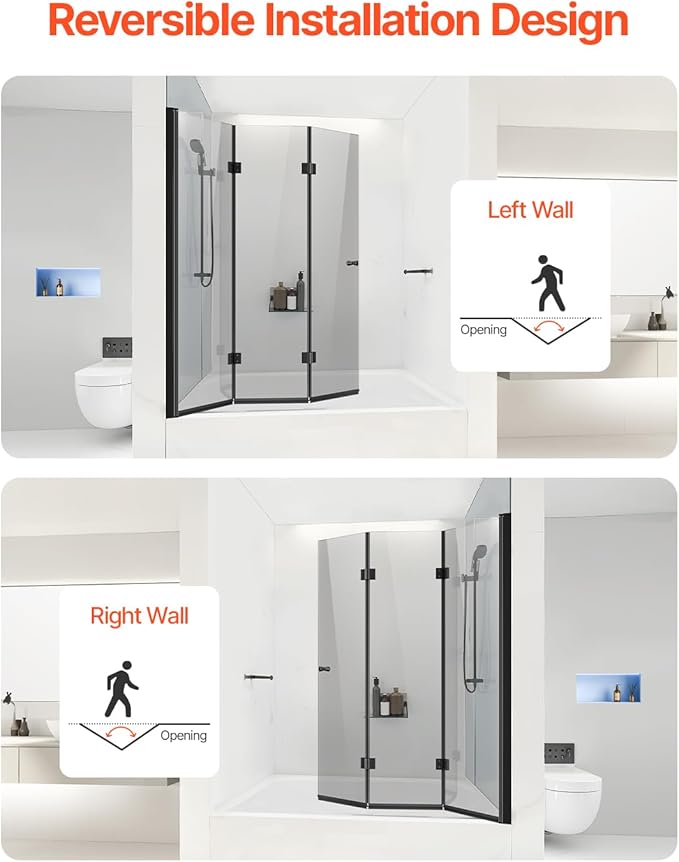 VEVOR Bathtub Shower Door, 51" W x 56" H, Frameless Foldable Hinged Shower Door, Tri-Fold Shower Glass Door with 1/4 in Tempered Glass Door, 180°Rotating and Folding Design, for Bathtub, Black
