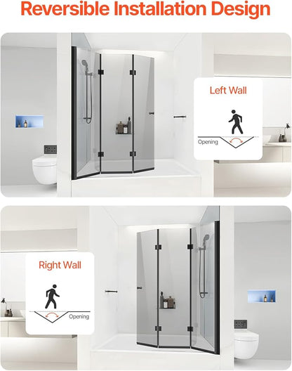 VEVOR Bathtub Shower Door, 51" W x 56" H, Frameless Foldable Hinged Shower Door, Tri-Fold Shower Glass Door with 1/4 in Tempered Glass Door, 180°Rotating and Folding Design, for Bathtub, Black