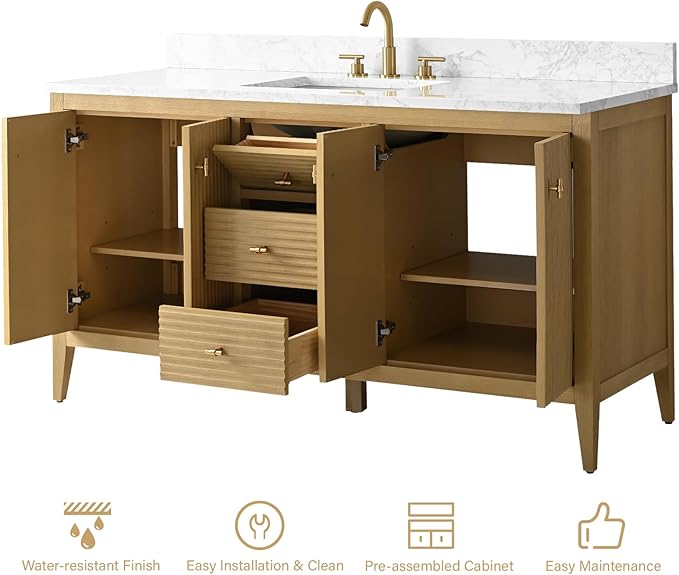 HOMEBEYOND 60" Bathroom Vanity with Single Sink, Solid Wood Bathroom Vanity Free-Standing Cabinet, Ceramic Top & Soft Closing Door, Golden Brushed Handware, Natural Oak