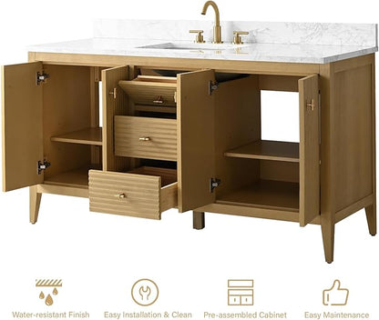 HOMEBEYOND 60" Bathroom Vanity with Single Sink, Solid Wood Bathroom Vanity Free-Standing Cabinet, Ceramic Top & Soft Closing Door, Golden Brushed Handware, Natural Oak