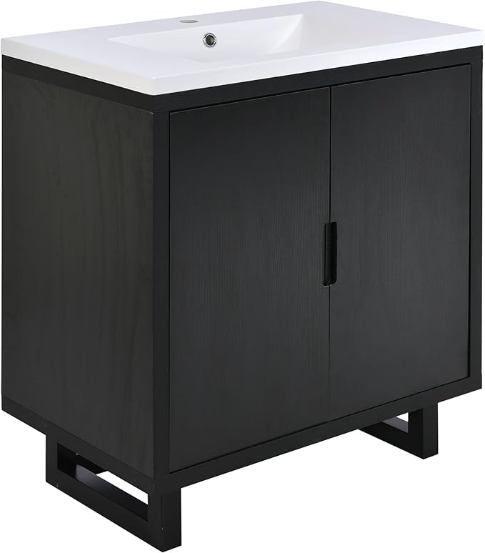 Favfurish 30" Bathroom Vanity with Resin Sink,Undermount Single Basin Bath Vanity Set w/2 Soft Closing Doors,Transitional Freestanding Storage Cabinet,Solid Wood Frame,Black